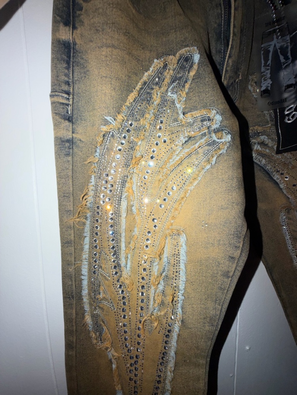 Men's Distressed Brown Slim Jeans with Embellished Detailing - Picture 5 of 6